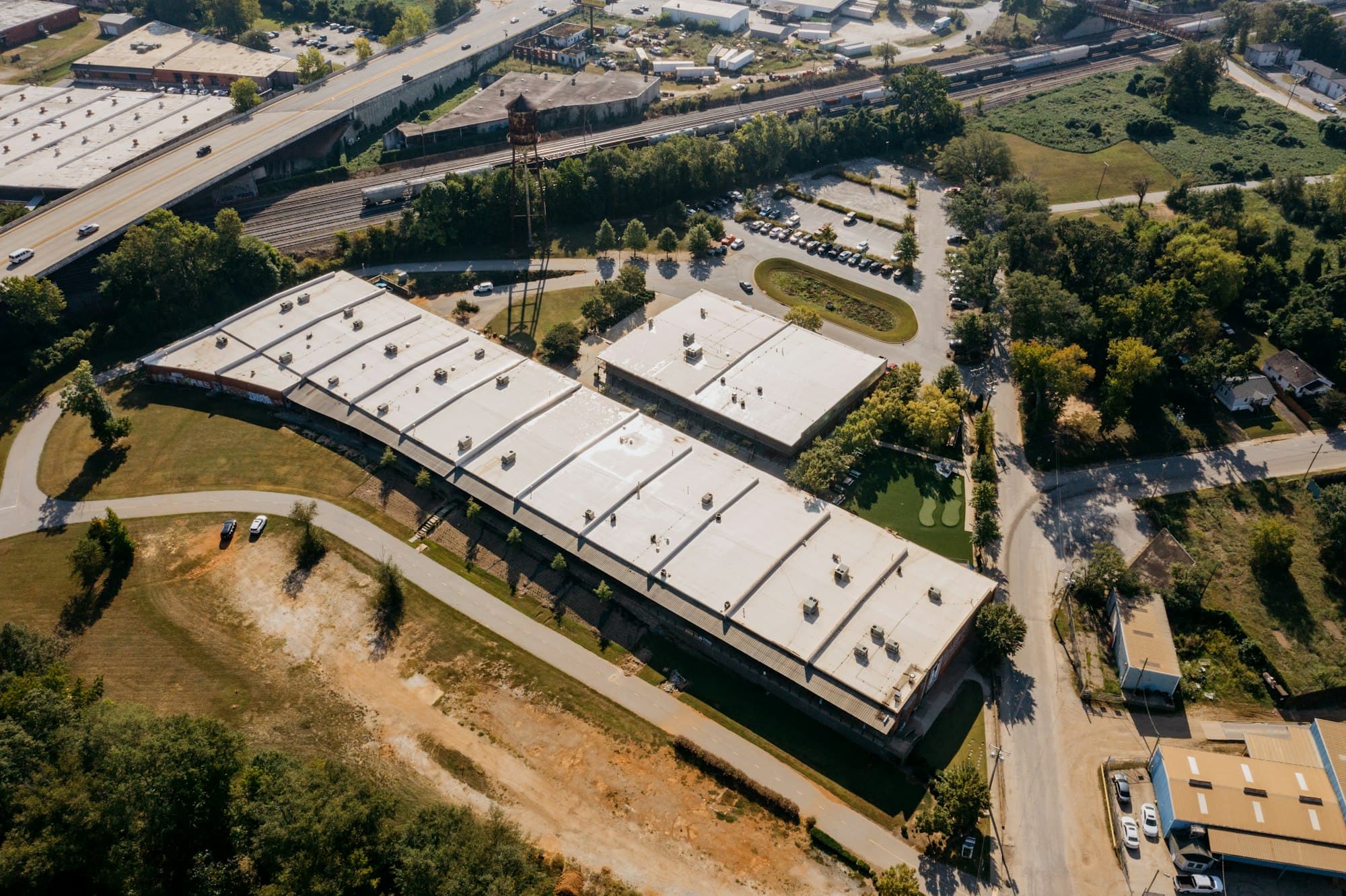 Aerial view of a contemporary industrial and warehouse complex