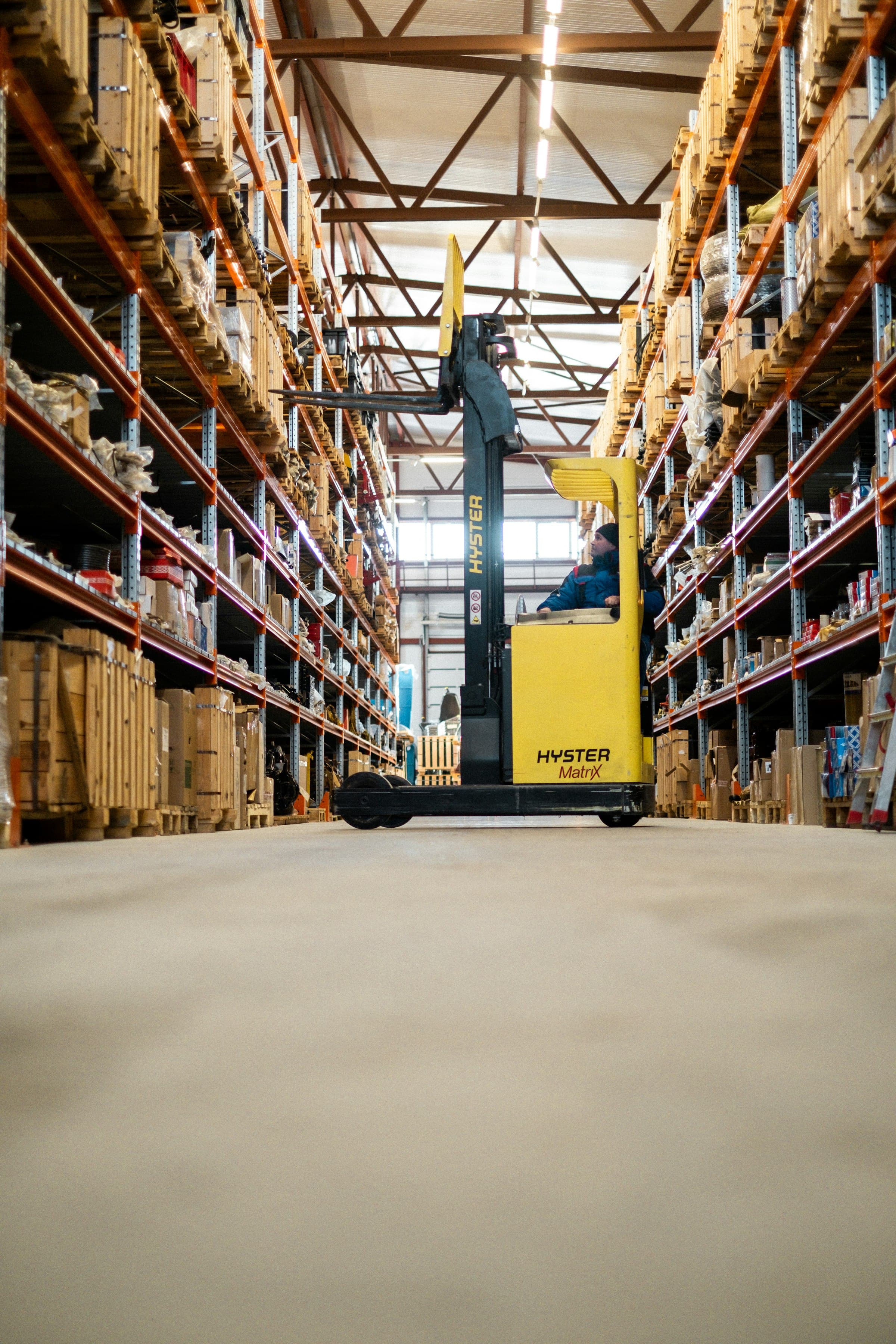 Industrial warehouse interior with forklift